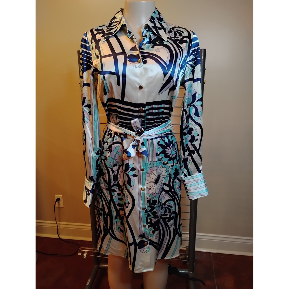 BCBG MAXAZRIA Blue White Floral Geometric Satin Long Sleeve Belted Shirt Dress S